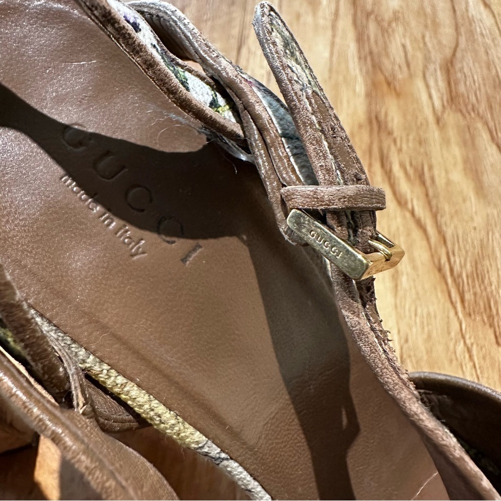 Gucci Women’s Danielle Flora Infinity Canvas Leather Platform Heel Sandals Strap - Picture 16 of 16